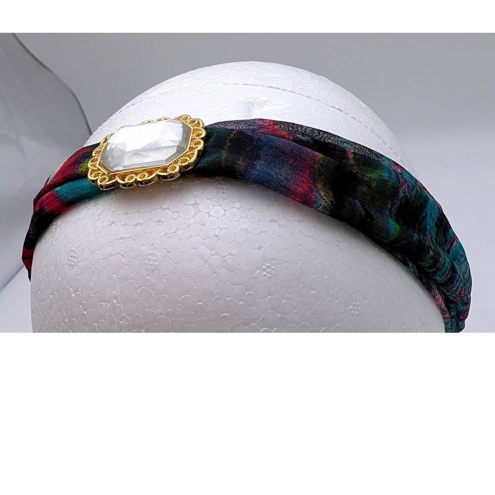 Women's Abstract Print Headband with Large Rhinestone Jewel Gold Tone Accent
